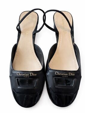 Christian Dior Slingback Block Heel Pumps - Black Patent Leather - Gold Logo 37